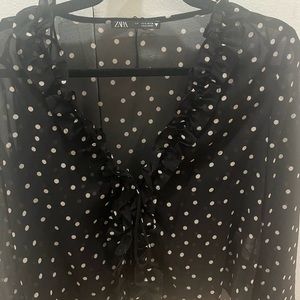 Zara black and white dotted ruffled shirt; size small